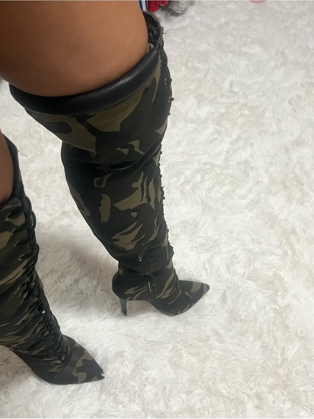 Over-the-Knee Camo Pointed-Toe Stiletto Boots - Black/Olive